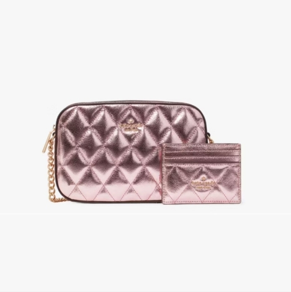 Kate Spade ♠️ Metallic Pink Quilted Glimmer Crossbody Bag and Card Holder SET - Picture 6 of 8